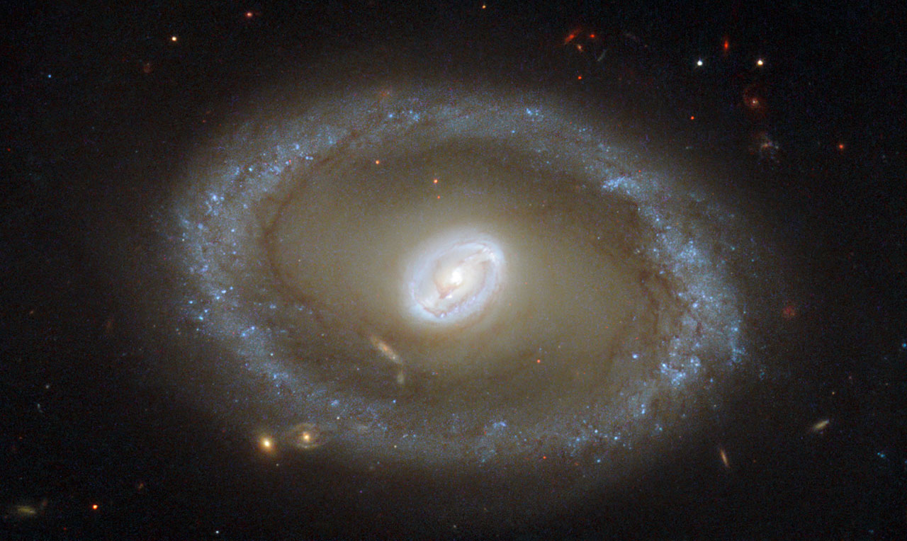 Taking centre stage in this new NASA/ESA Hubble Space Telescope image is a galaxy known as NGC 3081, set against an assortment of glittering galaxies in the distance. Located in the constellation of Hydra (The Sea Serpent), NGC 3081 is located over 86 million light-years from us. It is known as a type II Seyfert galaxy, characterised by its dazzling nucleus. NGC 3081 is seen here nearly face-on. Compared to other spiral galaxies, it looks a little different. The galaxy's barred spiral centre is surrounded by a bright loop known as a resonance ring. This ring is full of bright clusters and bursts of new star formation, and frames the supermassive black hole thought to be lurking within NGC 3081 — which glows brightly as it hungrily gobbles up infalling material. These rings form in particular locations known as resonances, where gravitational effects throughout a galaxy cause gas to pile up and accumulate in certain positions. These can be caused by the presence of a "bar" within the galaxy, as with NGC 3081, or by interactions with other nearby objects. It is not unusual for rings like this to be seen in barred galaxies, as the bars are very effective at gathering gas into these resonance regions, causing pile-ups which lead to active and very well-organised star formation. Hubble snapped this magnificent face-on image of the galaxy using the Wide Field Planetary Camera 2. This image is made up of a combination of ultraviolet, optical, and infrared observations, allowing distinctive features of the galaxy to be observed across a wide range of wavelengths. Notes A paper based on these observations was published in The Astronomical Journal in 2004, entitled "A Hubble Space Telescope Study of Star Formation in the Inner Resonance Ring of NGC 3081" by Ronald J. Buta, Gene G. Byrd, and Tarsh Freeman.